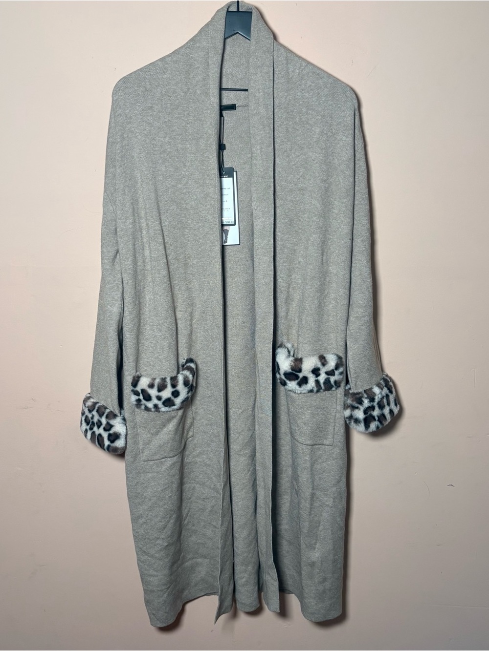 Max Sport NWT Long Duster Cardigan Faux Fur Leopard Trim Buff Size S